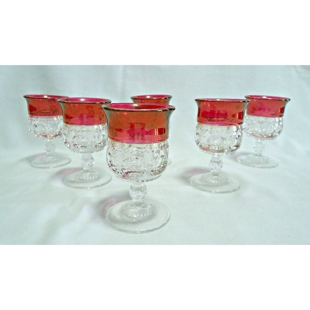 6 Kings Crown Liquor Glasses Goblets Tiffin Thumbprint Drinking Glass Ruby Flash